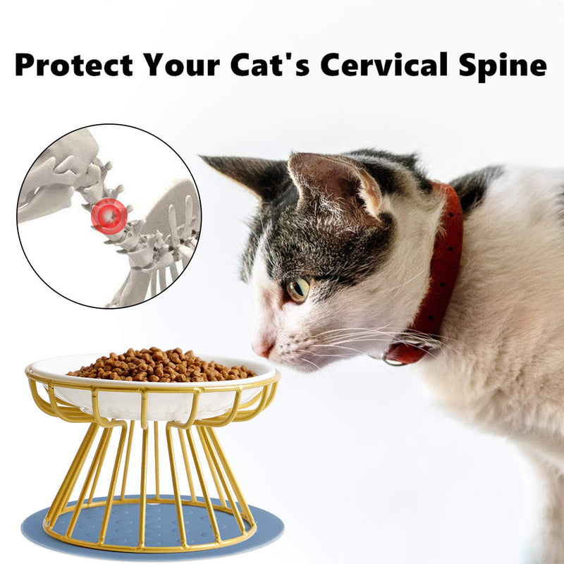 Cat Bowl-Raised Cat Food Bowl ,Elevated Cat Feeder Bowl Stand, Food & Water Anti Vomiting Shallow Ceramic Cat Dish, with Non-Slip Mat Pet Bowl for All Cat2 (Gold) - BeesActive Australia