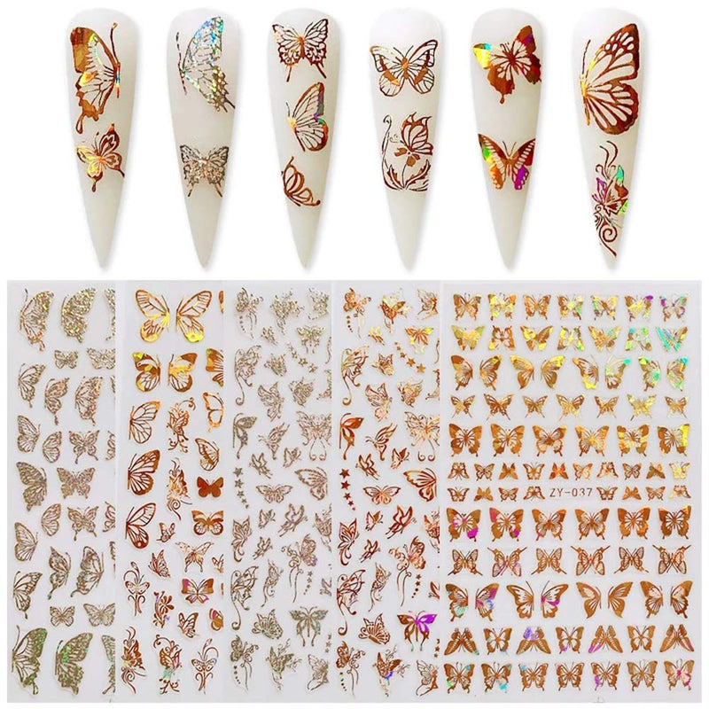 Butterfly Nail Art Stickers Decals 3D Butterfly Nail Art Adhesive Sticker Nail Art Supplies Laser Gold and Silver Butterfly Shapes Nail Art Decoration DIY Butterfly Stickers for Nails (8 Sheets) - BeesActive Australia