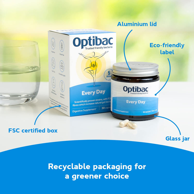 Optibac Probiotics Every Day - Digestive Probiotic Supplement with 5 Billion Bacterial Cultures & FOS Fibres - 30 Capsules 30 Count (Pack of 1) - BeesActive Australia