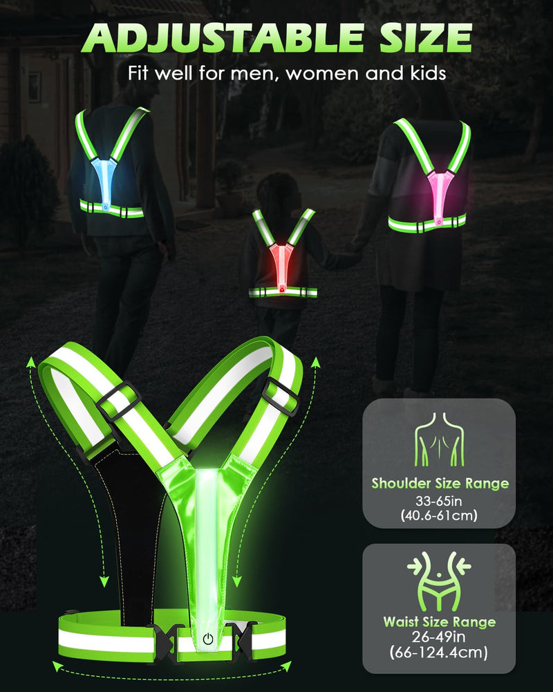 Zacro LED Reflective Vest Running Gear, 5 Lights Colors High Visibility Reflective Running Gear Rechargeable Light Up Running Vest for Walking Running Cycling, Adjustable for Men Women Kids (Green) - BeesActive Australia