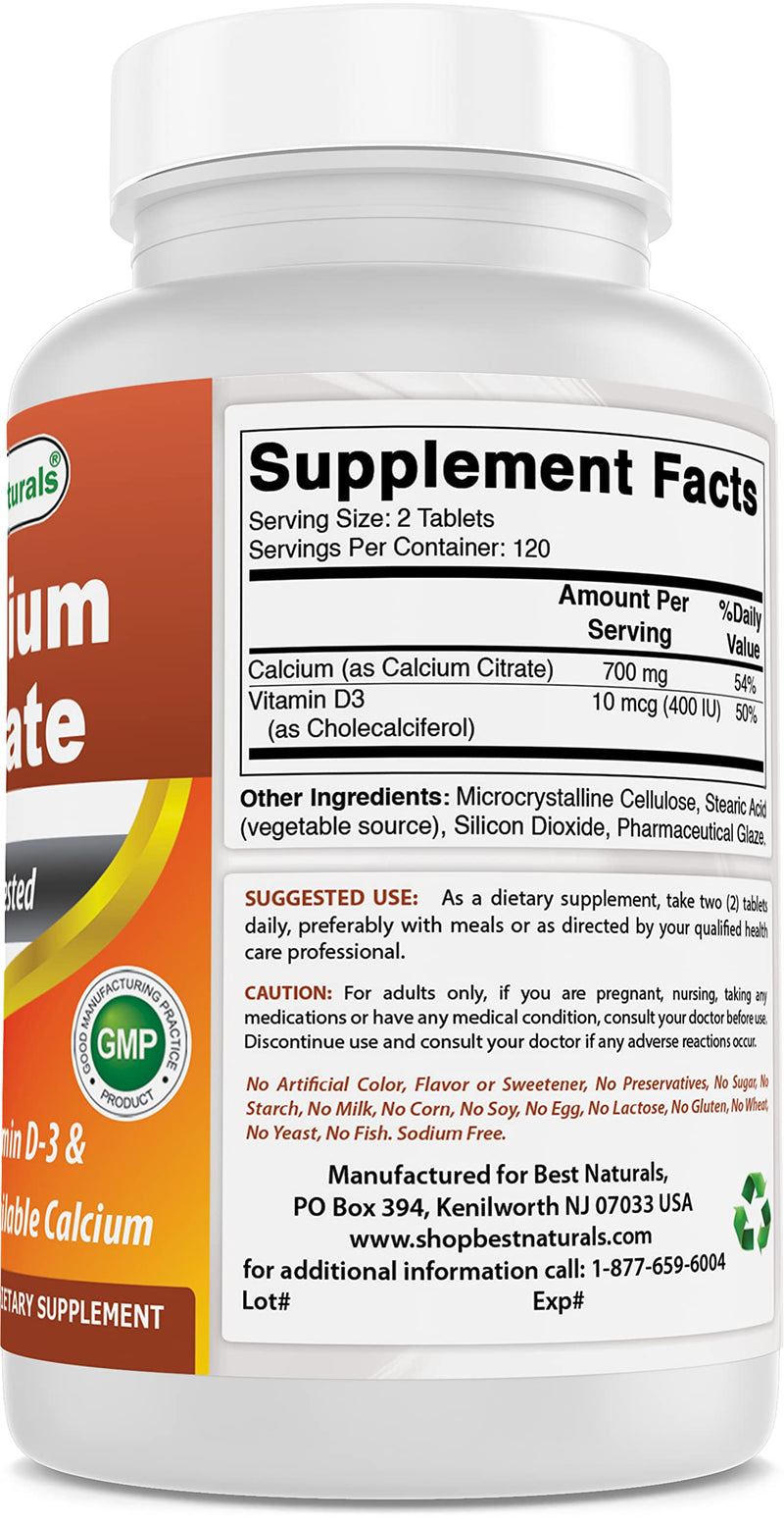 Best Naturals Calcium Citrate with Vitamin D-3 240 Tablets (240 Count (Pack of 1)) 240 Count (Pack of 1) - BeesActive Australia
