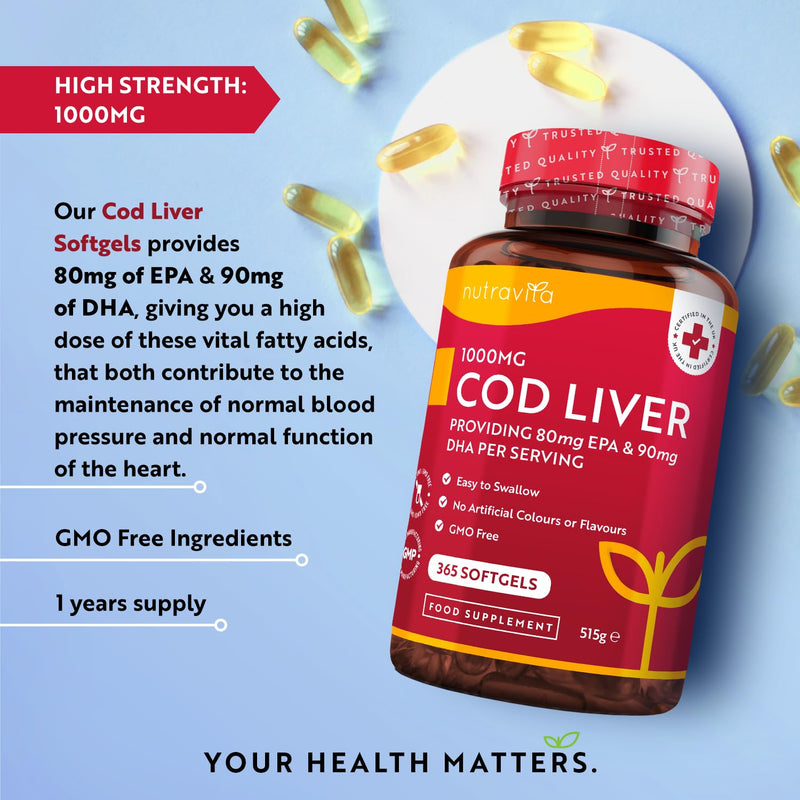 Cod Liver Oil 1000mg - 365 Softgels of Premium Cold Pressed Fish Oil - Rich in High Strength Omega 3, Vitamins A, D, E & Garlic Oil - Supports Heart & Brain Health - Made in The UK by Nutravita - BeesActive Australia