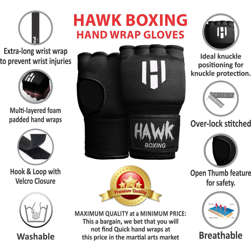Hawk Padded Inner Gloves Training Gel Elastic Hand Wraps for Boxing Gloves Quick Wraps Men & Women Kickboxing Muay Thai MMA Bandages Fist Knuckle Wrist Wrap Protector Handwraps (Pair) Black S/M - BeesActive Australia