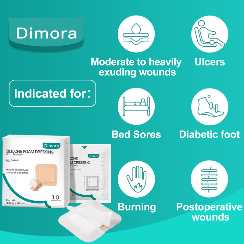 Dimora Silicone Foam Dressing with Border Adhesive 4"x4" Waterproof Wound Dressing Bandage for Wound Care 10 Pack… 4 x 4inch(10PCS) - BeesActive Australia
