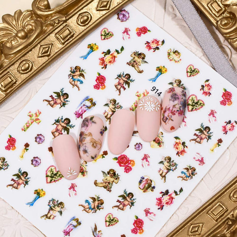 WOKOTO 6 Sheets Adhesive Nail Art Stickers Tips Jesus Angel Wings Flower Cupid Design 3d Nail Decals Decoration Manicure Accessories For Women KIT1 - BeesActive Australia