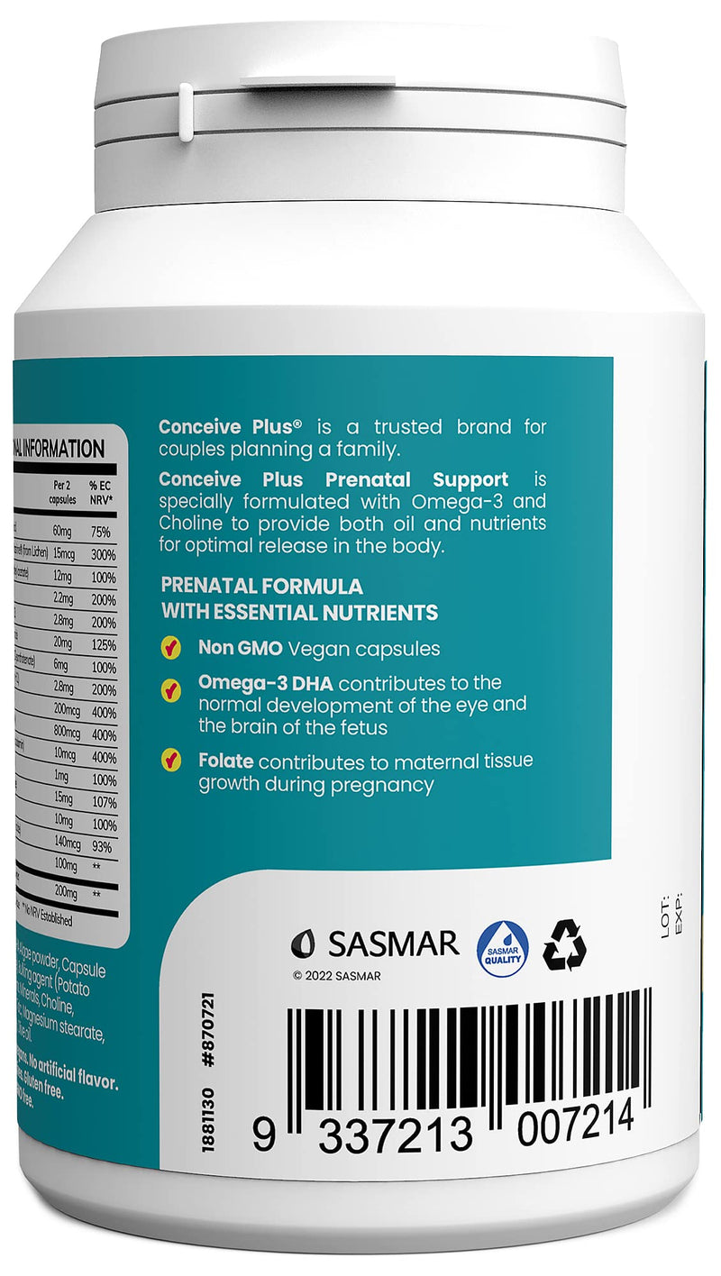 Conceive Plus Prenatal - Multivitamin + DHA, Choline, Folate. Non GMO Supplement During Pregnancy, 30 Days Supply, 60 Caps - BeesActive Australia