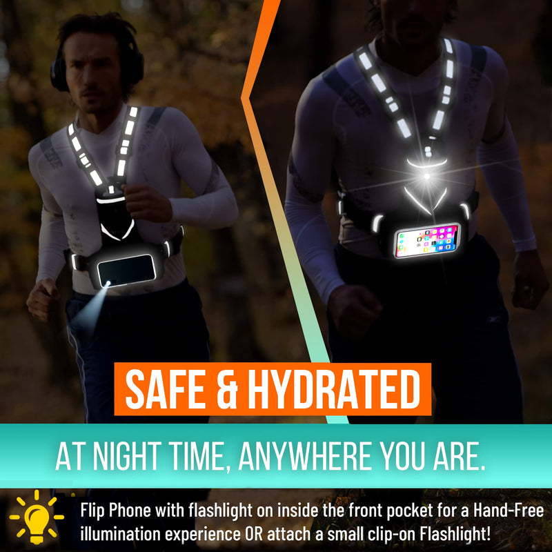 New Reflective Chest Pack Bag w/12 oz. Water Bottle and Touchscreen Ready Clear Window - iPhone/Android Phone Holder - Night Gear Vest w/360° High-Viz for Jogging, Walking, Hiking, Workouts, Cycling! Stylish Black - BeesActive Australia