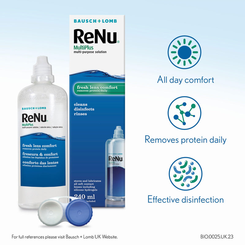 ReNu MultiPlus Multi-Purpose Contact Lens Solution, 240ml, for Soft Contact Lenses, Moisturise, Remove Protein, Clean, Disinfect, Lubricate, Rinse and Store Your Lenses, Lens Case Included Pack of 1 Single - BeesActive Australia