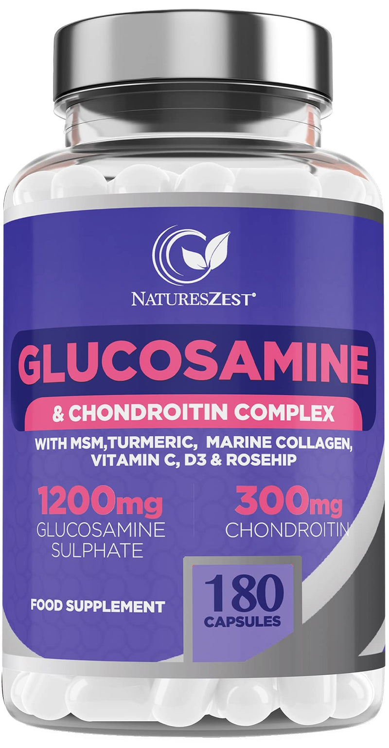 Glucosamine and Chondroitin High Strength Capsules - Glucosamine Complex with MSM � 180 Glucosamine Capsules - with Vitamin C, Rosehip, Turmeric Curcumin & Marine Collagen � UK Made by Natures Zest - BeesActive Australia