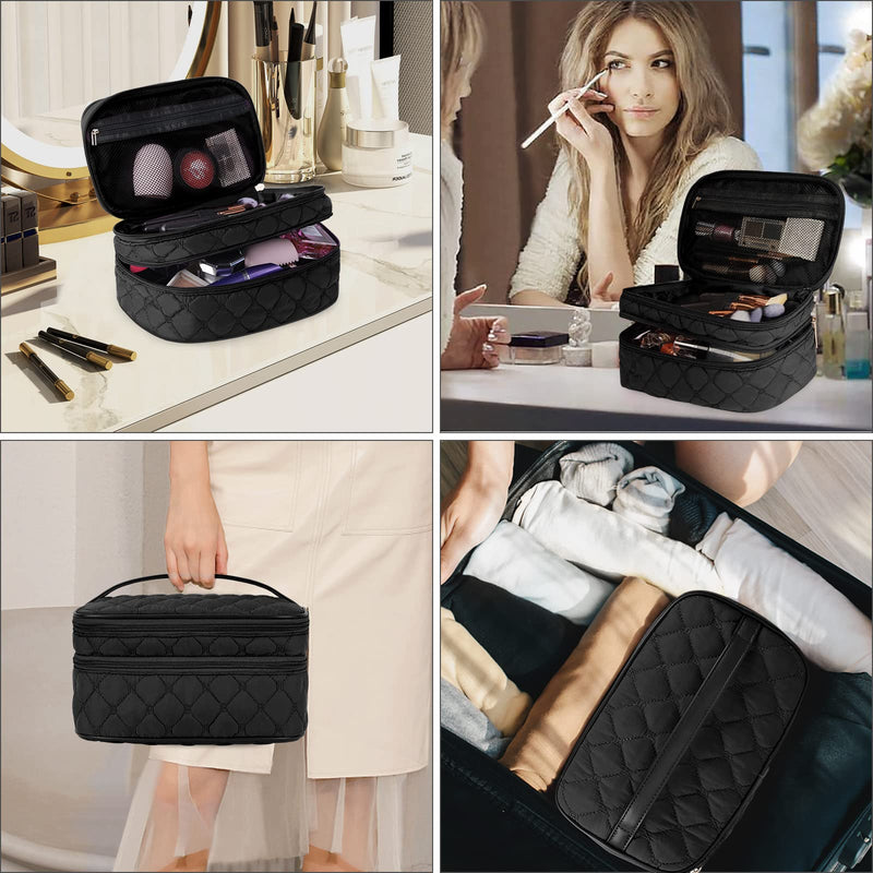 NUBILY Make Up Bag for Women Portable Cosmetic Bag Large Toiletry Bag Double Layer Makeup Organiser Bag Girl Waterproof Vanity Case Black - BeesActive Australia