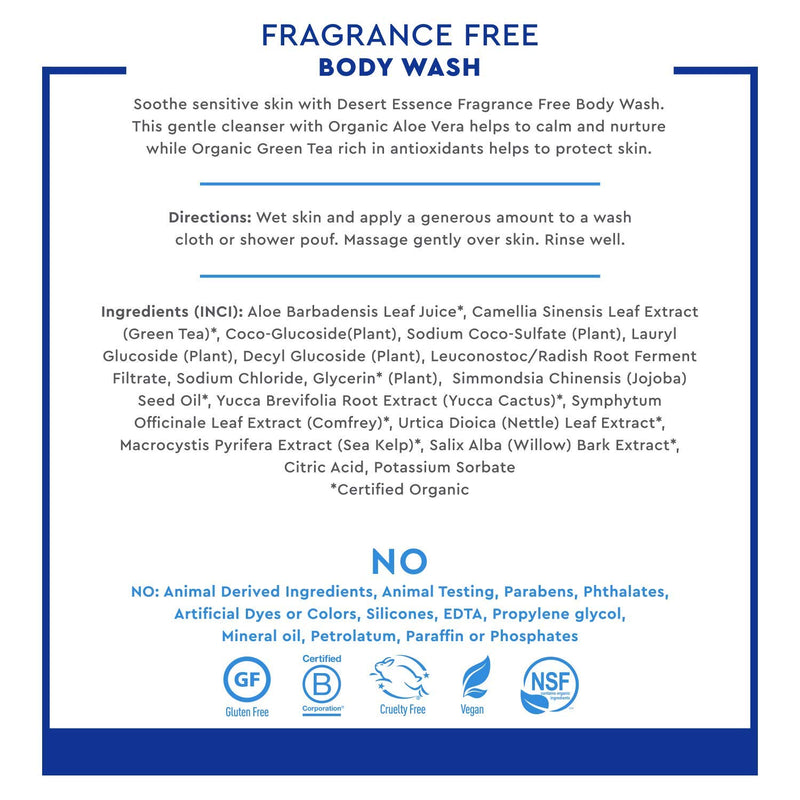 Desert Essence Fragrance Free Body Wash & Hand And Body Lotion Bundle - 8 Fl Ounce - Soothing - Aloe Vera - Green Tea - Jojoba Oil - Refreshing - BeesActive Australia
