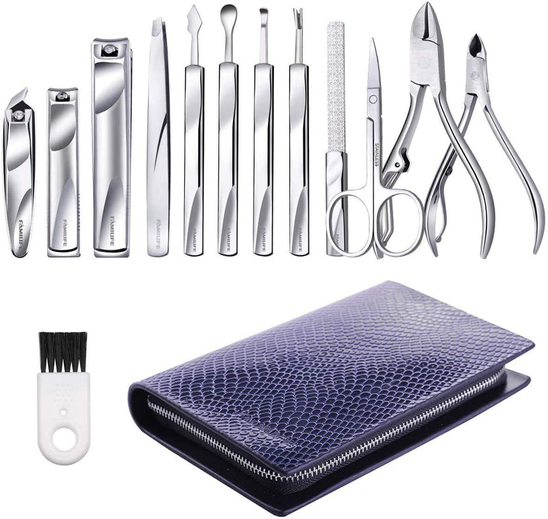 FAMILIFE L11 Manicure Set, 12 in 1 Stainless Steel Nail Clipper Set Professional Manicure Pedicure Set with Portable Travel Case for Women Men A-Dark blue - BeesActive Australia
