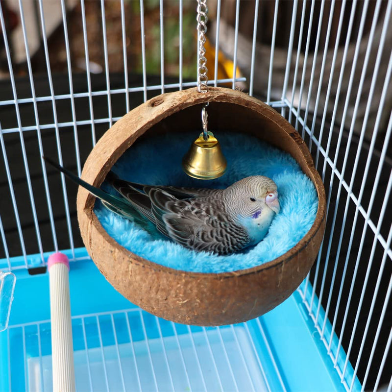 VTurboWay 2 Pcs Natural Coconut Shell Bird Nest House Bed Breeding Nesting Anti-Pecking Bite with Warm Pad and Bell for Bird Parrot Budgie Parakeet Cockatiel Conure Lovebird Canary Finch - BeesActive Australia