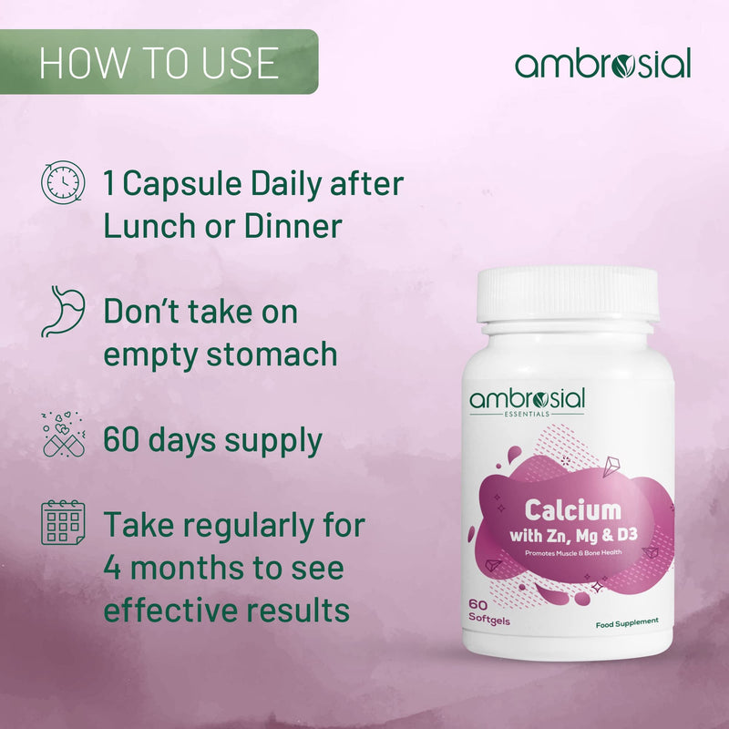 Ambrosial Calcium Magnesium Zinc & Vitamin D High Potency Calcium Supplement for Bone Health, Muscles & Teeth | Highly Bioavailable Calcium Citrate Formula | Calcium Tablets 60 Softgels 60 count (Pack of 1) - BeesActive Australia