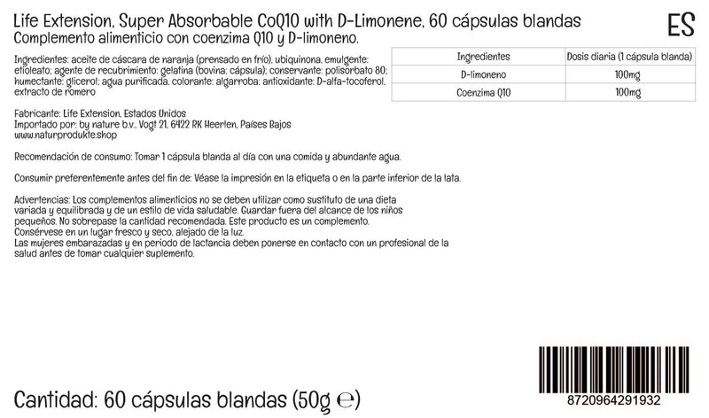 Life Extension, Super Absorbable CoQ10 with D-Limonene, 100mg Ubiquinone, 60 Softgels, Lab-Tested, Gluten Free, Soy Free, Non-GMO - BeesActive Australia