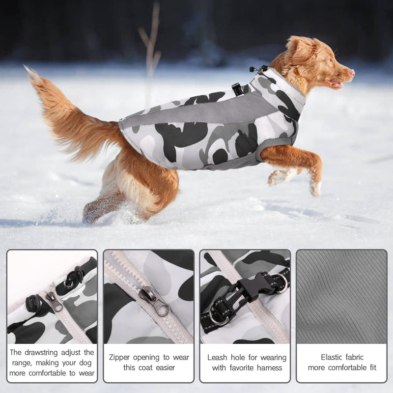 Dog Winter Coat, FUAMEY Soft Fleece Lined Warm Dog Jacket Winter Waterproof Windproof Camouflage Dog Fleece Vest for Cold Weather, Reflective Cozy Dog Coat Dog Apparel for Small Medium Large Dogs X-Large(chest:30in） grey - BeesActive Australia