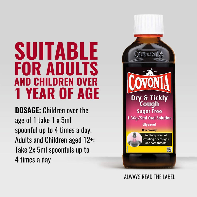 Covonia Dry Tickly Cough Sugar Free Oral Solution, Soothes The Symptoms Of Cough And Sore Throat, 150 ml 150 ml (Pack of 1) - BeesActive Australia