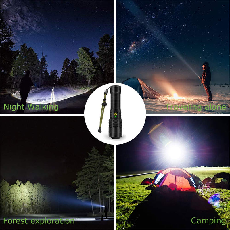 3000 Lumen Rechargeable Tactical Flashlight - YXQUA XHP70 High Lumen Flashlight IP67 Water Resistant,5 Modes and Zoomable for Camping, Emergency, Hiking, Gift one size one colour - BeesActive Australia
