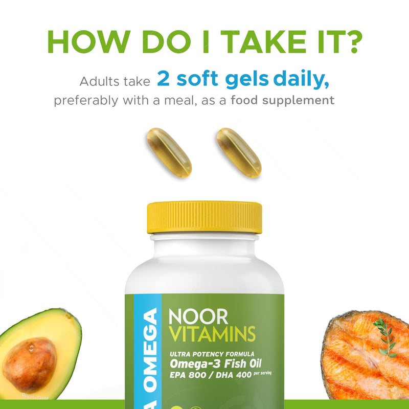 Halal Fish Oil, Halal Vitamins, Fish Oil Halal by Noor Vitamins, Ultra Omega 3 Wild Peruvian Fish Oil (800 mg EPA & 400 mg DHA) Heart, Brain & Joint Support, Non-GMO & Gluten Free (120 Count) - BeesActive Australia