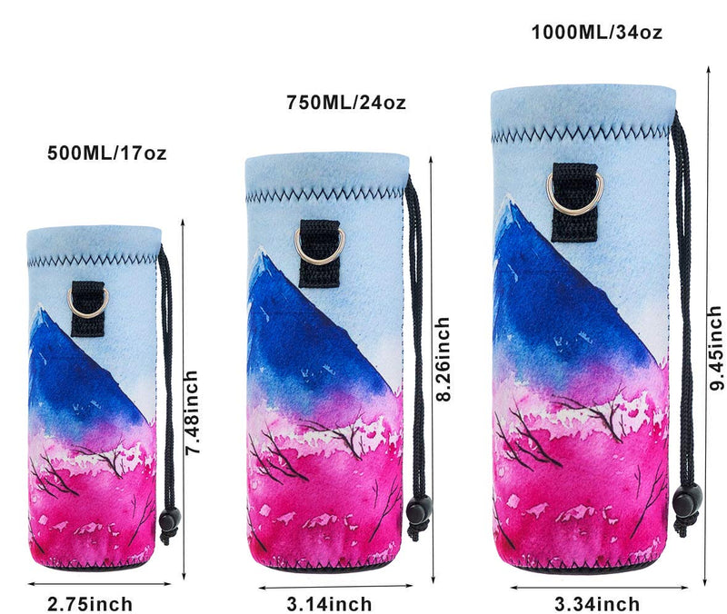 Water Bottle Sling Case Bag Carrier Holder - 500ML 750ML 1000ML Neoprene Water Bottle Sleeve Cooler Cover Pouch with Adjustable Shoulder Strap for Men Women Kids Travel Camping Walking Hiking Running Cherry Blossoms & Fujiyama 500ML/16.9oz - BeesActive Australia