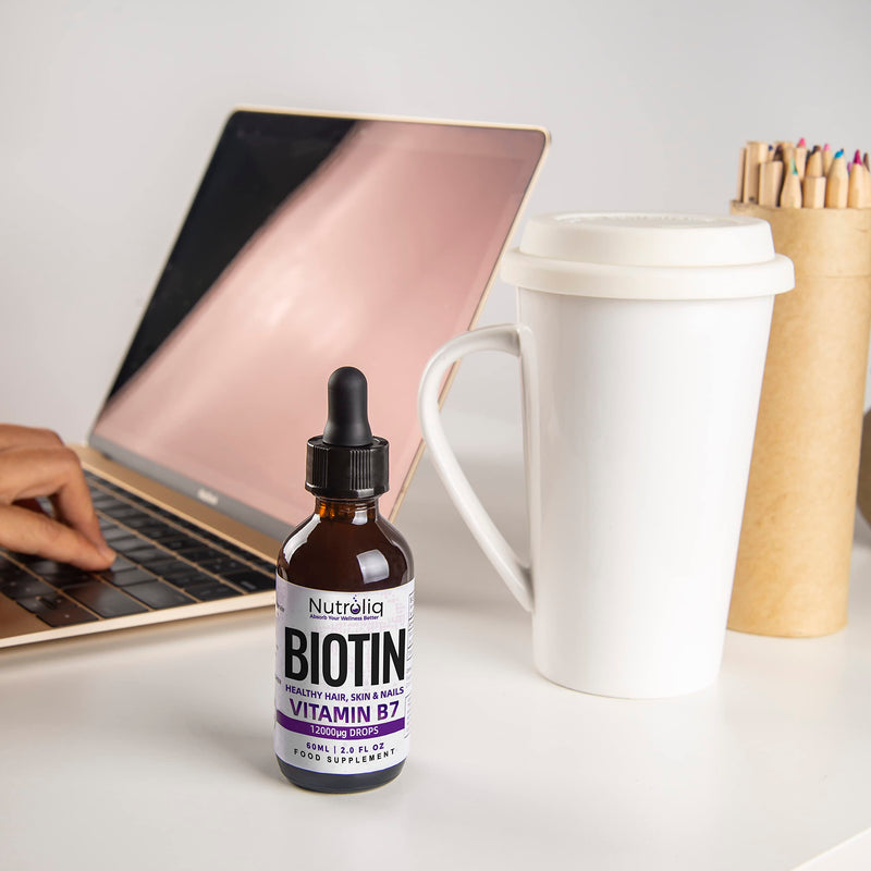 Nutroliq Biotin Liquid Drops - Vegan Vitamin B7 Dietary Supplement for Hair, Nail & Skin Health - Pure 12000mcg Biotin Drops for Hair Growth - Extra Strength Berry-Flavoured Vitamin H Serum - 60 ml - BeesActive Australia