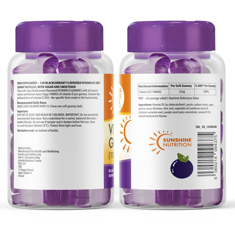 Daily Vitamin D Gummies for Adults - Contains 1000IU (25ug) VIT D3 Supplement for Immune Support - Easy Take Blackcurrant Flavour - 4 Month Supply - 120 Gummies - by Club Vits 120 Count (Pack of 1) - BeesActive Australia
