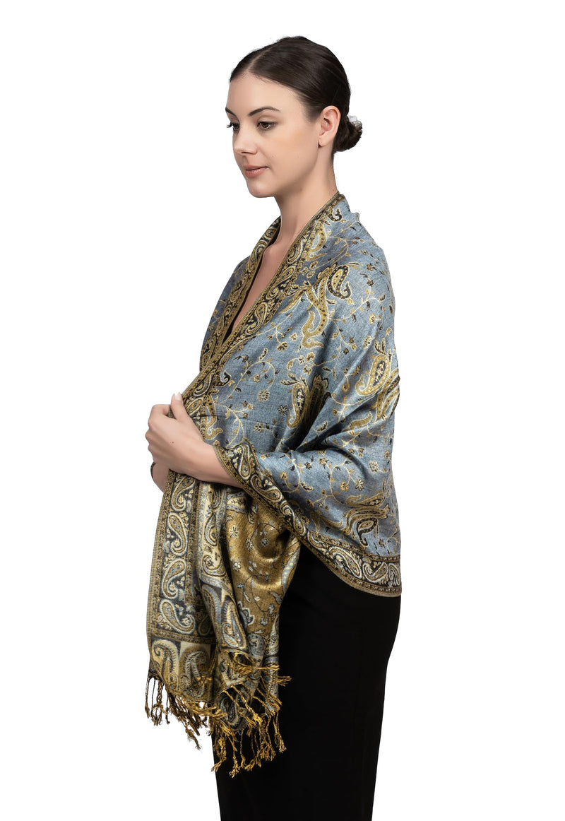 Achillea Soft Silky Reversible Paisley Pashmina Shawl Wrap Scarf w/Fringes Steel Blue - BeesActive Australia