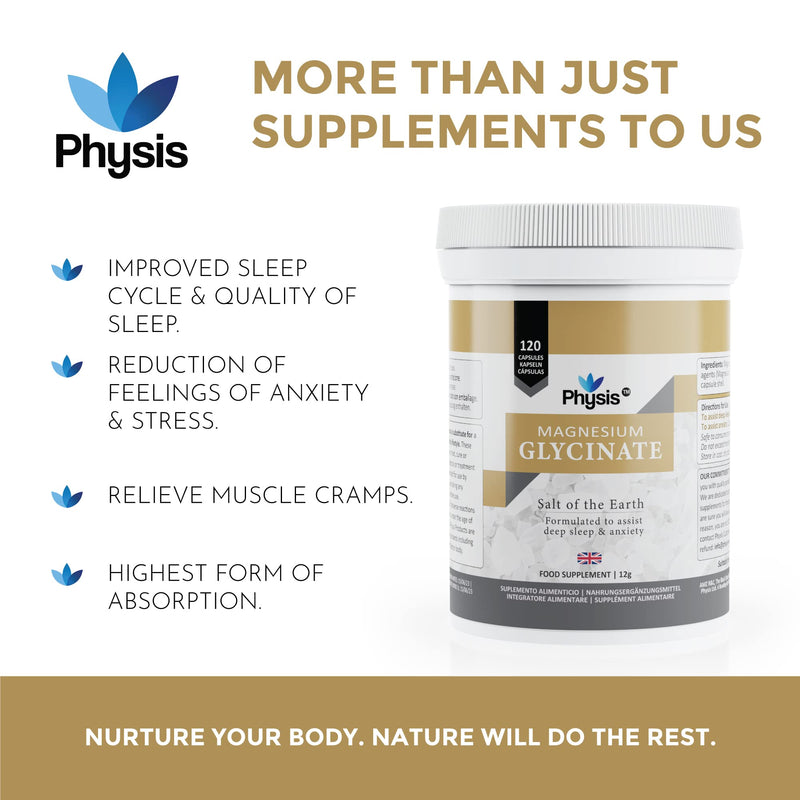 Physis Magnesium Glycinate | 120 Tablets | Vegan Magnesium Supplements for Sleep | 200mg - 400mg Daily | Non GMO, Dairy & Gluten Free | Helps Sleep & Anxiety Assist | High Bioavailability 120 Count (Pack of 1) - BeesActive Australia