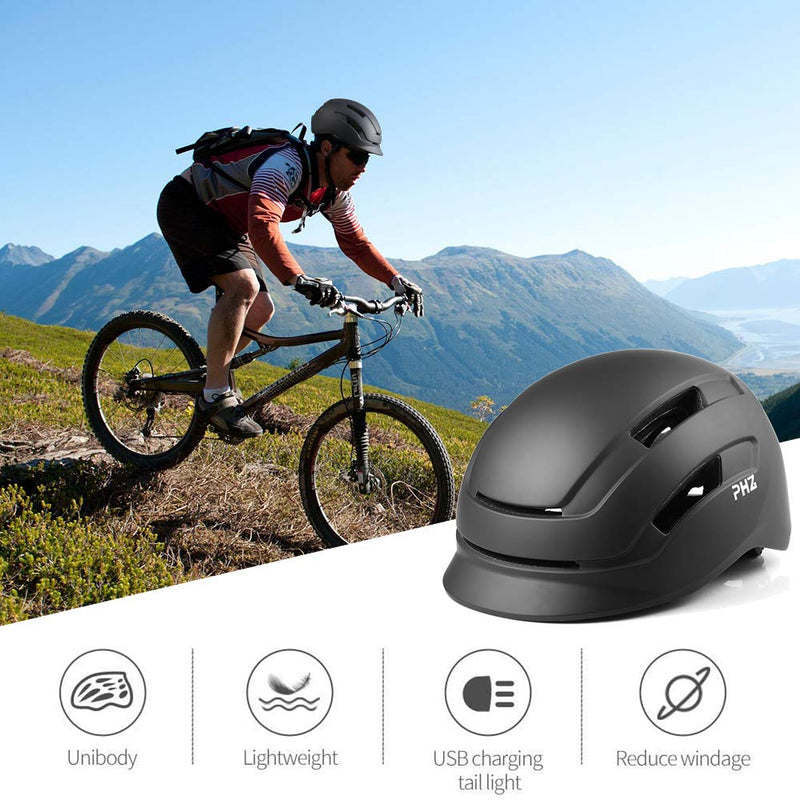PHZ. Adult Bike Helmet with Rear Light for Urban Commuter Adjustable for Men/Women Matte Black Universal M (55-58 cm) - BeesActive Australia