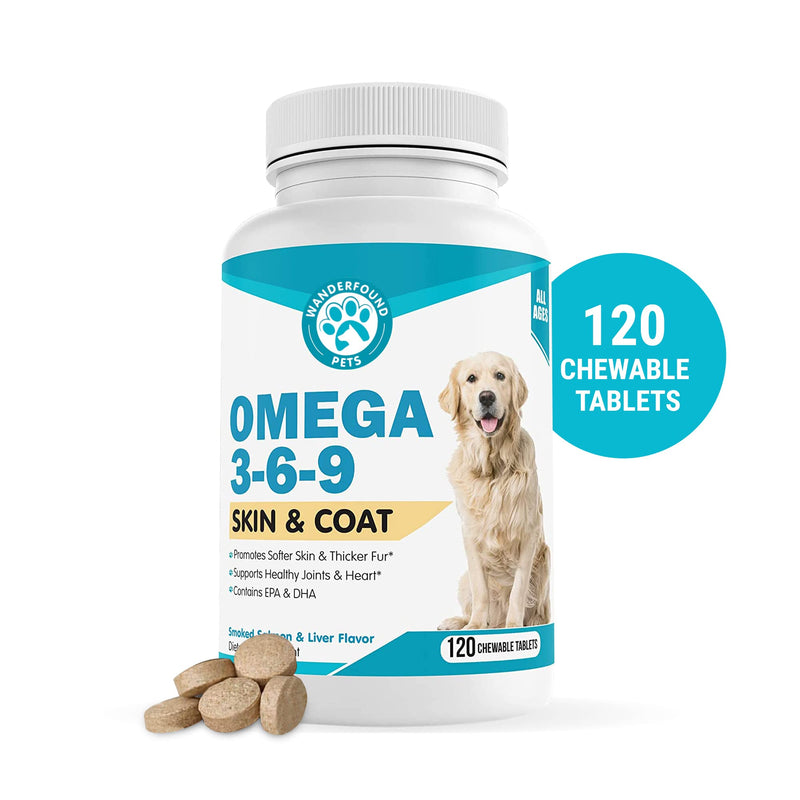 Wanderfound Pets - Omega 3-6-9 Skin and Coat Fish Oil for Dogs, Fatty Acid for Dogs’ Joint and Heart Health, Chewable Vitamins for Dogs Fur and Skin, Smoked Salmon and Liver Flavor, 120 Tablets - BeesActive Australia