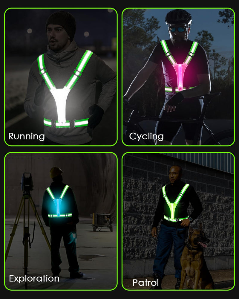 Zacro LED Reflective Vest Running Gear, 5 Lights Colors High Visibility Reflective Running Gear Rechargeable Light Up Running Vest for Walking Running Cycling, Adjustable for Men Women Kids (Green) - BeesActive Australia