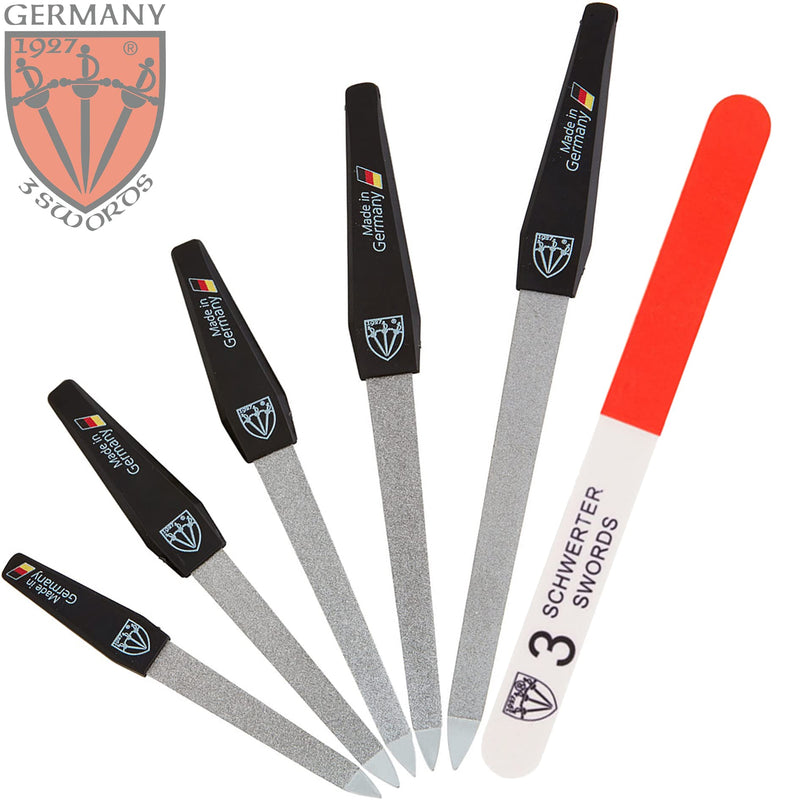 3 Swords Germany - Brand Quality Sapphire Nail File Set (5 pcs.) with 3-Way Nail Buffer (1 pc.), Manicure Pedicure Finger & Toe Nail Care - Made in Solingen Germany (671) 5 Nail Files / 1 Buffer - BeesActive Australia