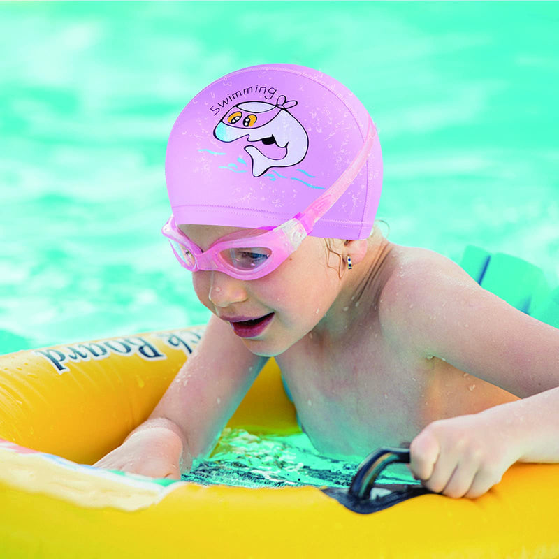 Swim Cap Kids,2 Pieces Silicone Waterproof Swimming Cap Kids, Elastic Silicone Kids Swim Cap with Cartoon Design for Boys and Girls PINK - BeesActive Australia