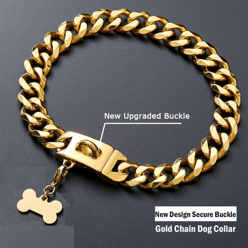 19MM Gold Chain Dog Collar with Design Secure Clasp & ID Tag,18K Cuban Link 19MM Strong Heavy Duty Chew Proof Metal Walking Collar for Medium Large Dogs 16 Inch - BeesActive Australia
