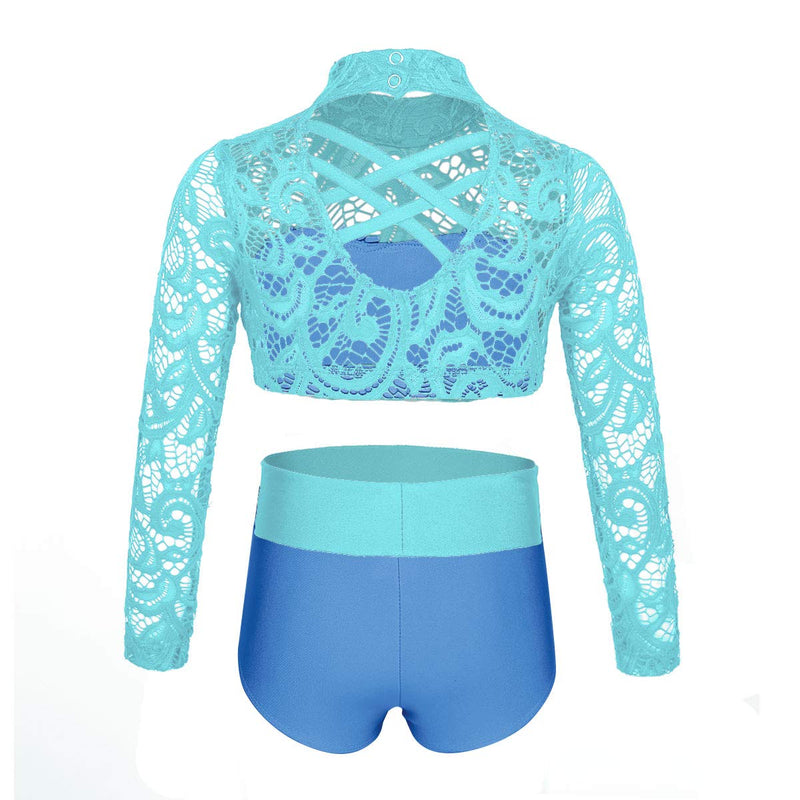 [AUSTRALIA] - ranrann Kids Girls Long Sleeves Lace Ballet Dance Outfit Criss Cross Back Mock Neck Tops with Bottoms Set Mint_green&light_blu 7-8 