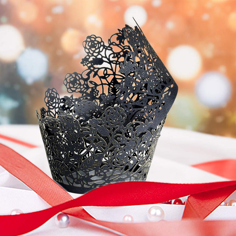 YOZATIA 60pcs Black Rose Lace Cupcake Wrappers Holders, Laser Cut Cupcake Liners Decorative Liners for Wedding Party Birthday Cake Decoration Supplies - BeesActive Australia