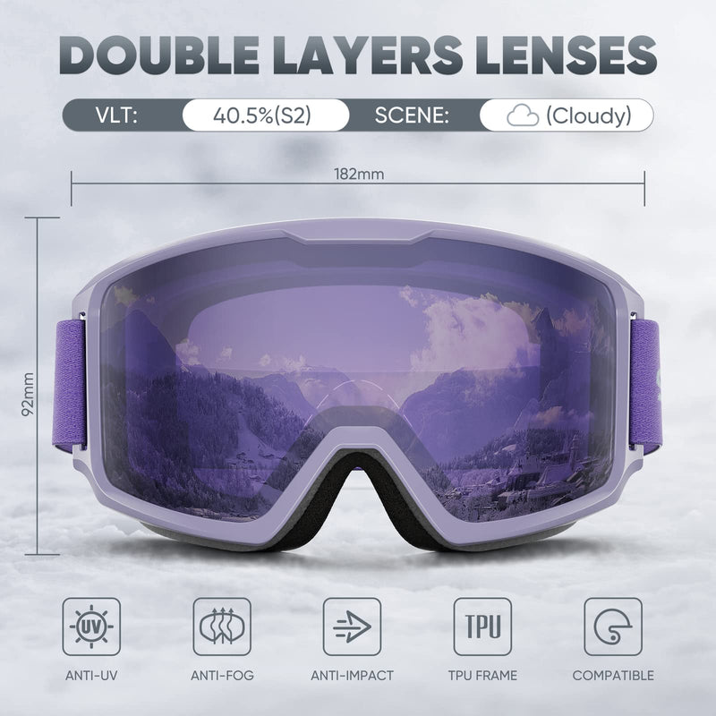 Ski/Snowboard Goggles for Men, Women & Youth -OTG 100% UV Protection Bright Purple/Purple Lens (Light Silver) - BeesActive Australia