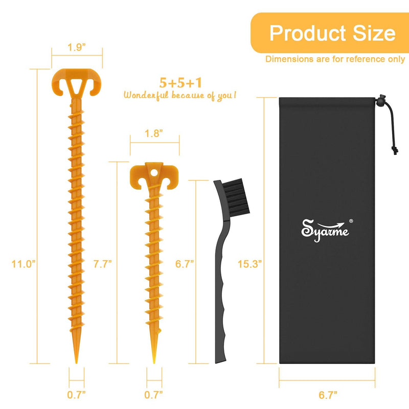Tent Stakes Spiral Ground Anchor 11" Orange,On The Beach and Lawn for Securing Animals,Tents,Canopies and Beach Blankets Etc,Plastic Pile 10pc-Pack,Includes Brush and Bag L+S - BeesActive Australia