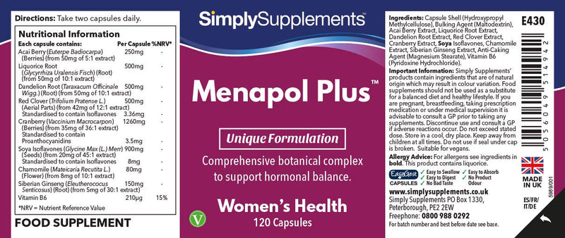 Menapol Plus for Hormonal Balance | SOYA Isoflavones, Siberian Ginseng & Red Clover Capsules | 120 Capsules | Manufactured in The UK - BeesActive Australia