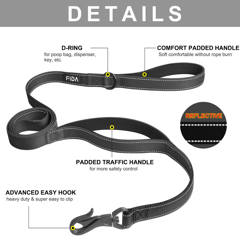 Fida 4/5/6 FT Heavy Duty Dog Leash with 2 Comfortable Padded Handles, Traffic Handle & Advanced Easy Snap Hook, Reflective Walking Lead for Large, Medium & Small Breed Dogs 6 Feet (Pack of 1) Black - BeesActive Australia