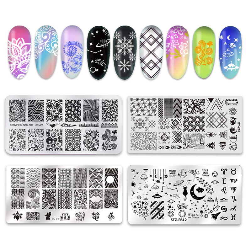 Nail Stamping Plates Set 8 Pcs Set Nail Templates With Stamper And Scaper Nail Art Plates set Starry sky animal flower heart Constellation Lace rock design - BeesActive Australia