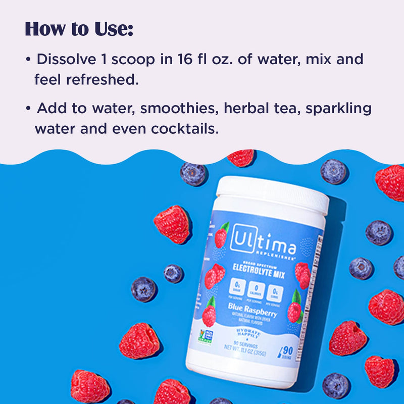 Ultima Replenisher Hydration Electrolyte Powder- 90 Servings- Keto & Sugar Free- Feel Replenished, Revitalized- Naturally Sweetened- Non- GMO & Vegan Electrolyte Drink Mix- Blue Raspberry - BeesActive Australia