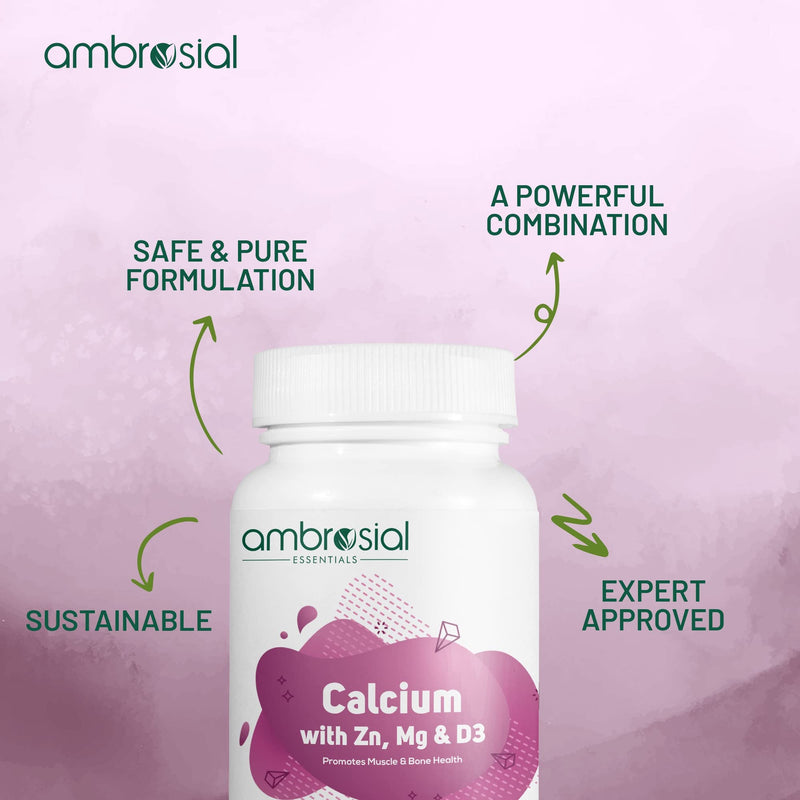 Ambrosial Calcium Magnesium Zinc & Vitamin D High Potency Calcium Supplement for Bone Health, Muscles & Teeth | Highly Bioavailable Calcium Citrate Formula | Calcium Tablets 60 Softgels 60 count (Pack of 1) - BeesActive Australia