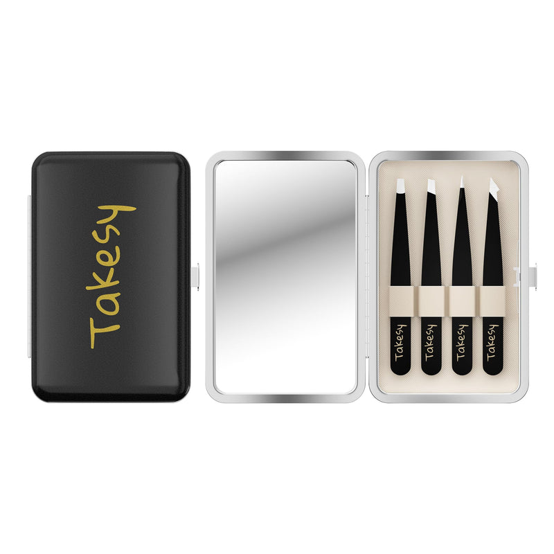 Hair Plucker Remover Tweezer with Mirror Case Travel, Stainless Steel Tweezers for Men for Chin Hair, Facial Hair Eyebrow Ingrown Hair Removal Kit (Black) Black - BeesActive Australia