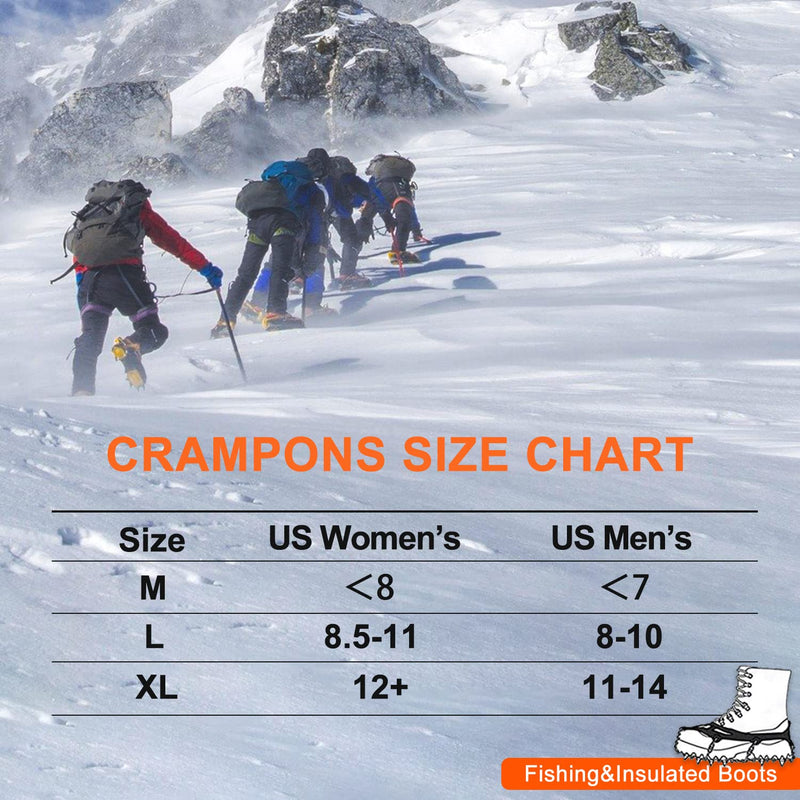 NewDoar Ice Cleats Crampons Traction,19 Spikes Stainless Steel Anti Slip Ice Snow Grips for Women, Kids, Men Shoes Boots, Safe Protect for Mountaineering, Climbing, Hiking, Walking, Fishing,M, L, XL Orange XL(Boot Size: M 11-14/W 12+) - BeesActive Australia