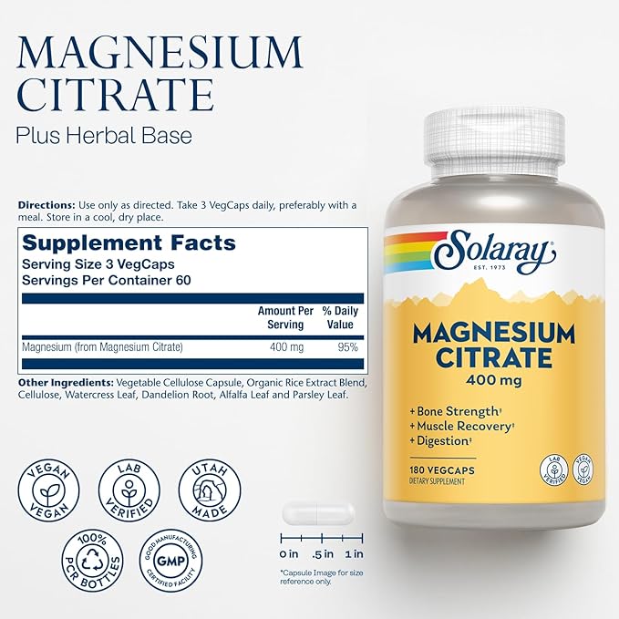 Solaray, Magnesium Citrate, 400 mg, 180 Veggie Capsules (133 mg per capsule) - BeesActive Australia