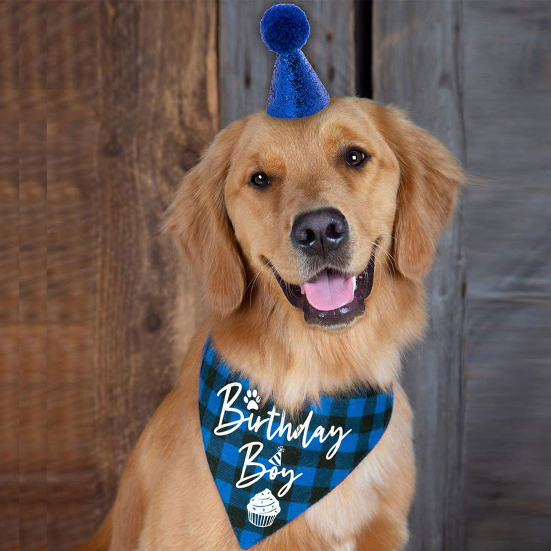 family Kitchen Classic Blue Plaid Pet Puppy Dog Bandana with Dog Birthday Party Hat Accessories, Boy Dog Birthday Bandana Scarf Bibs for Pet Birthday Outfit Party Supplies Set - BeesActive Australia