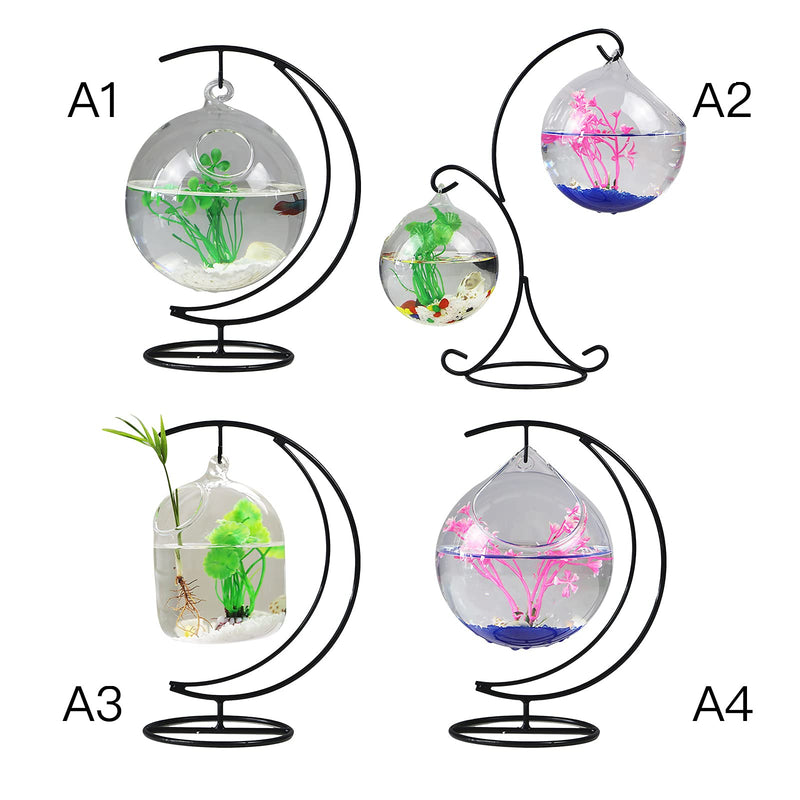 STOYRB Desktop Hanging Glass Fish Tank Mini Table Aquarium Glass Betta Fish Bowl Clear Fish Cylinder Bowl with Iron Stand for Office Home Decor, 1 Fish Bowl A1 - BeesActive Australia