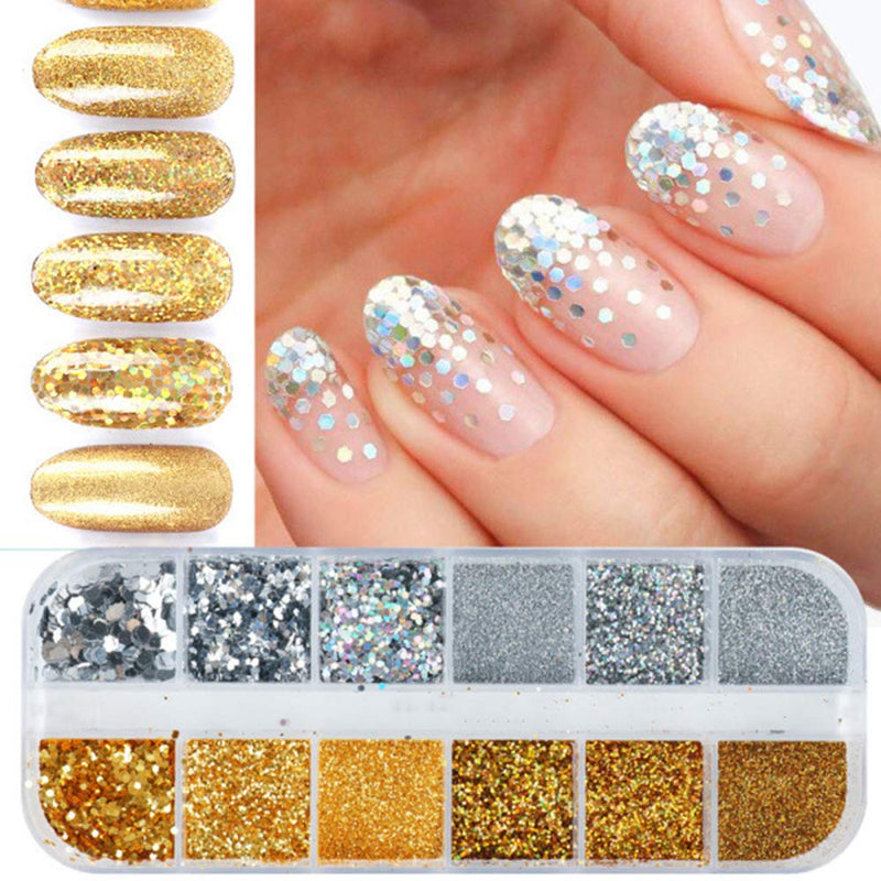 Nail Glitter Powder Holographic Nail Sequins Laser Effect Gold Silver Nail Glitter Flakes 3D Nails Supply Sparkle Manicure Nail Art Design Glitter Dust Acrylic Nails Art Decorations (1 Boxes) - BeesActive Australia