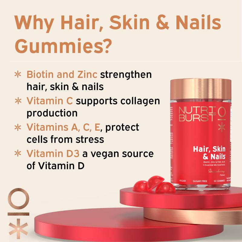 Nutriburst - Hair Skin and Nails Gummies - Biotin Zinc Vitamin E for Thicker Hair & Stronger Nails - Sugar Free Supplements - 60 Gummies 1 Month Supply - Plant Based Suitable for Vegetarians & Vegans Hair, Skin & Nails Advanced Nutrition - BeesActive Australia